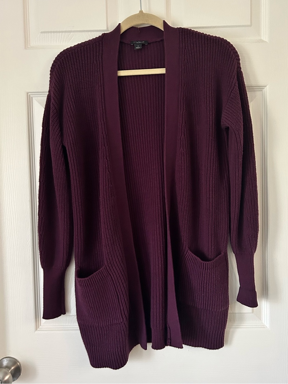 Ann Taylor Plum Open Front Ribbed Knit Cardigan Pockets Women's Size S